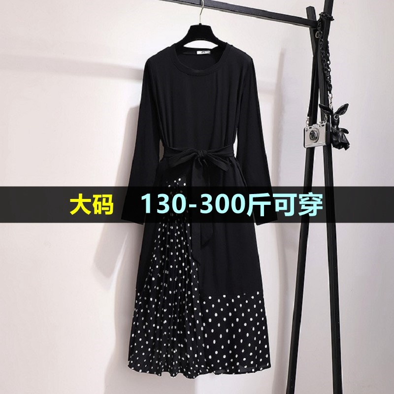 300斤大码假两件连衣裙女2022春装新款胖mm200加肥显瘦洋气波点裙