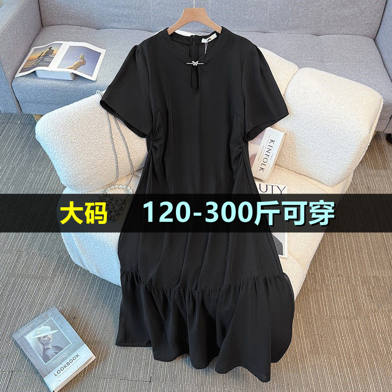 大码女装中式复古改良旗袍女夏季200斤胖mm260加肥加大设计连衣裙