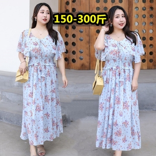 300斤特肥超大码碎花连衣裙女夏装200胖mm宽松遮肚收腰法式雪纺裙