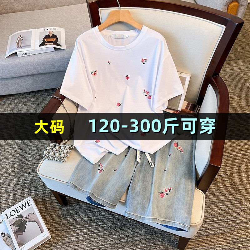大码纯棉短袖t恤女牛仔短裤套装