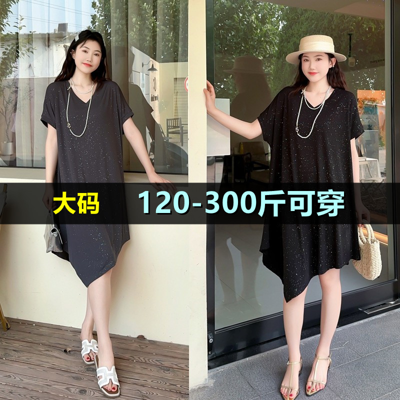 特大码不规则V领连衣裙女200斤