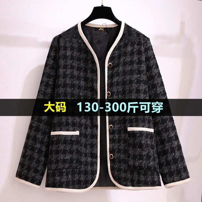 300斤大码女装复古格子毛呢外套女秋冬新款200胖mm宽松小香风上衣