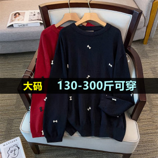 特大码圆领毛衣女秋200斤胖mm300时尚宽松加肥加大显瘦百搭针织衫