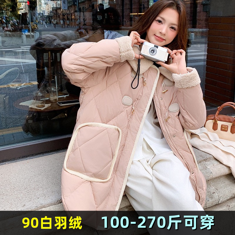特大码女装羊羔毛拼接羽绒服女