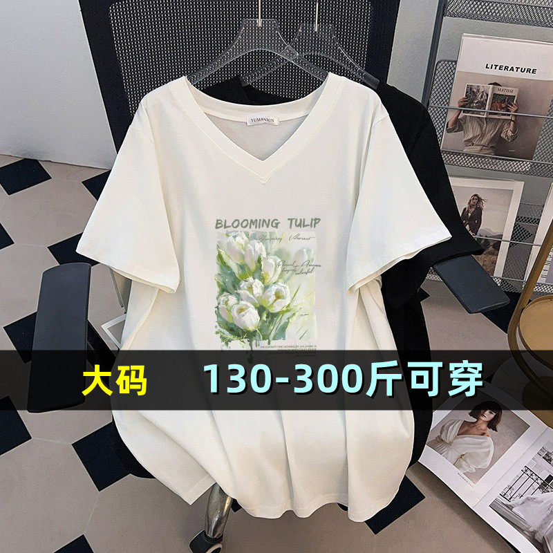 大码中长款v领t恤女夏200斤