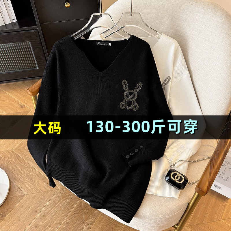 特大码V领针织衫女秋冬季200斤