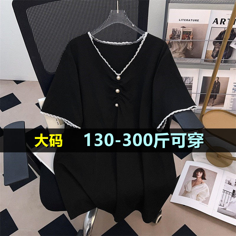 特大码v领短袖t恤女中长款200斤