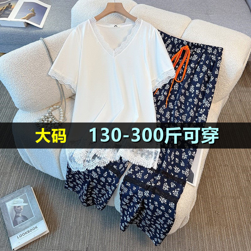 特大码蕾丝短袖T恤碎花休闲裤女