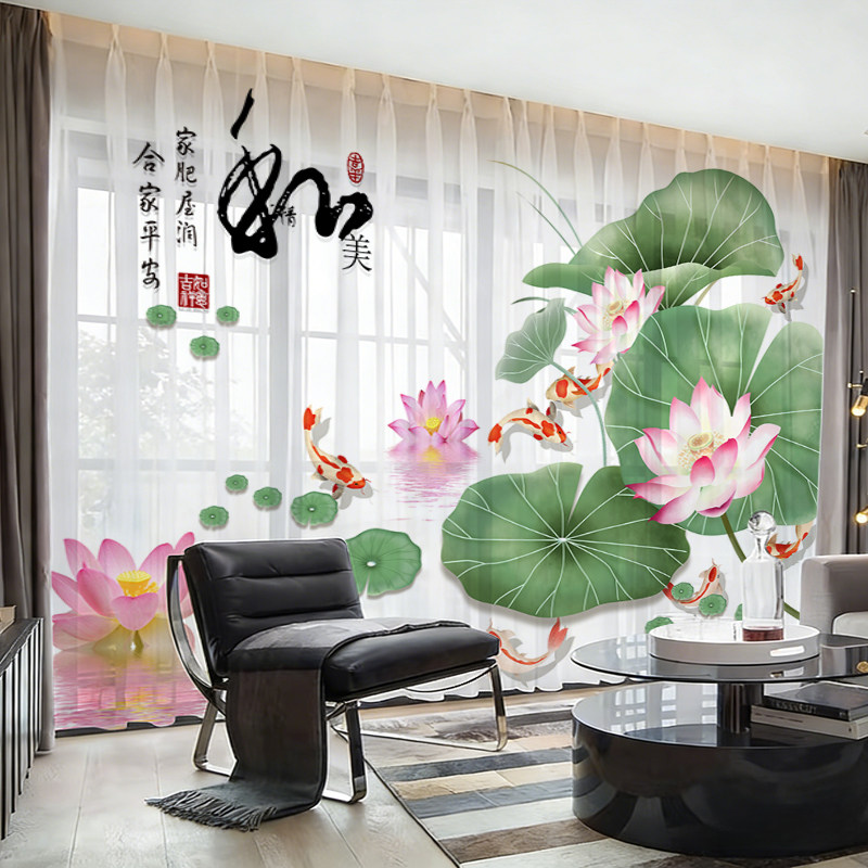 新中式窗帘纱禅意荷花图案书房茶室卧室客厅中国风纱帘透光不透人