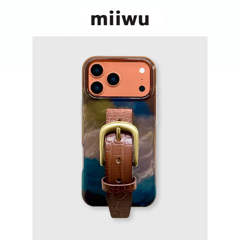 时髦感暗棕星云美拉德植糅牛皮鳄鱼纹手机壳适用苹果系列iphone17 promax经典铜扣手机保护套16/15手机保护壳