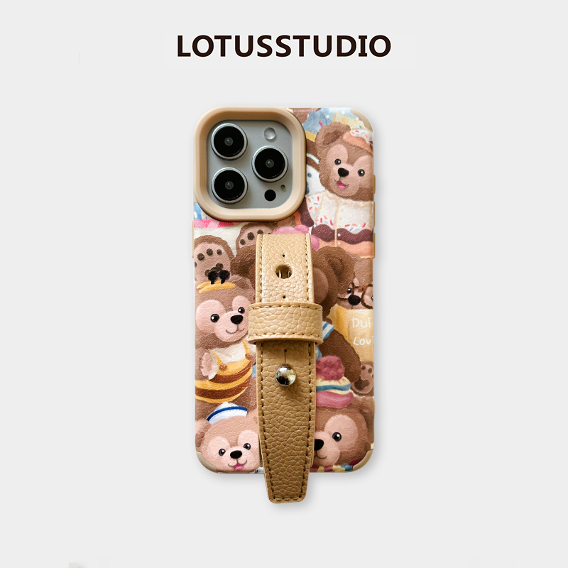 iphone15牛皮腕带复古泰迪熊棕