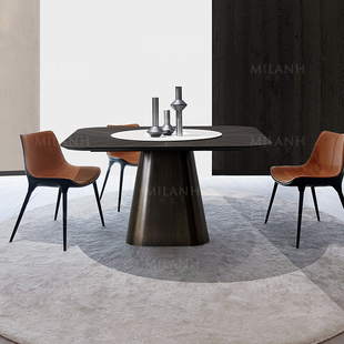 意式餐桌饭桌子八仙桌岩板带转盘餐台1米4正方形大户型别墅烟熏色