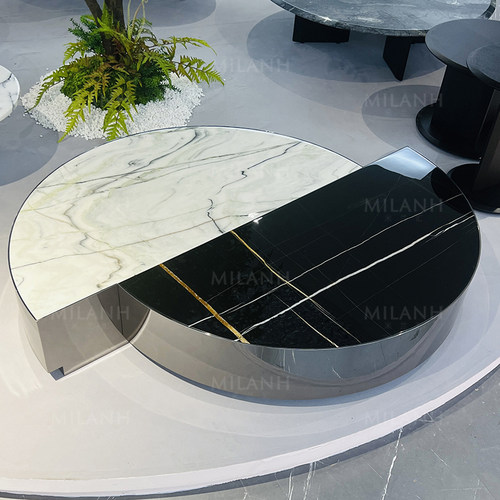 意式MINOTT SHIELDS半圆形茶几客厅天然大理石钢化镜面金属不锈