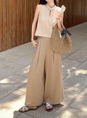 新中式国风无袖衬衫阔腿裤套装女夏2025新款大方得体两件套不撞款