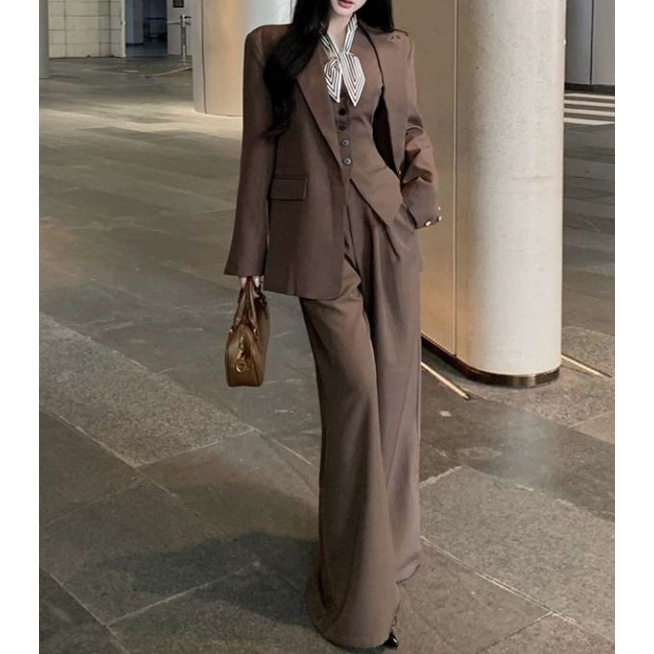 老钱风时尚套装气质长袖西装外套马甲背心女春季休闲阔腿裤两件套