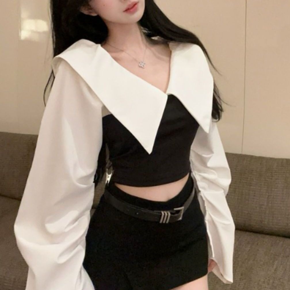 盐系俏皮千金黑白撞色露肩T恤女时髦洋气设计感前后两穿显瘦上衣,女装/女士精品,休闲运动套装,淘宝优惠券,粉丝福利购,淘宝优惠卷