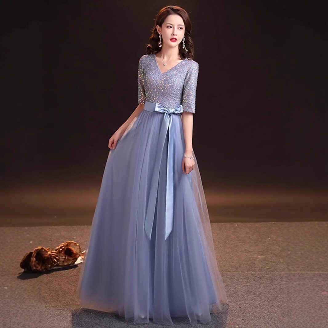 大合唱服演出服女长裙灰色成人合唱团服装表演唱红歌显瘦礼服裙子