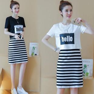 时尚 夏装 新款 夏季 气质字母印花短袖 女装 韩版 两件套裙子 套装