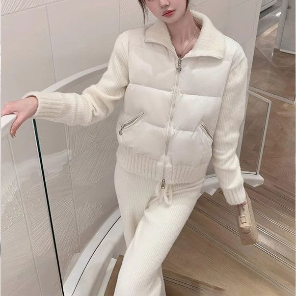 白色针织拼接棉服女2025年冬季时尚新款法式小香风加厚保暖外套