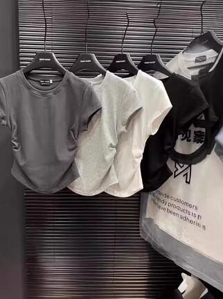 Hot Girl Pure Desire Waist-Cinching T-Shirt Short-Sleeved Women's 2024 Summer New Solid Color Pullover Slim-Fit Short Top for Women