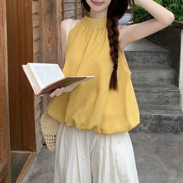 套装黄色挂脖吊带背心女夏泰式多巴胺明媚独特娃娃衫外穿花苞上衣