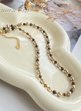 美拉德咖色仿珍珠项链女