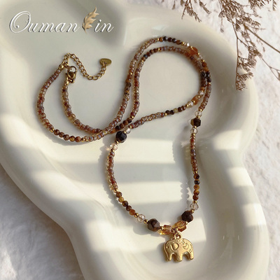 秋冬咖色小象串珠装饰项链叠戴轻奢小众高级感气质长款毛衣链配饰