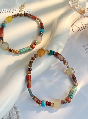 复古捷克珠彩色天然石串珠手链