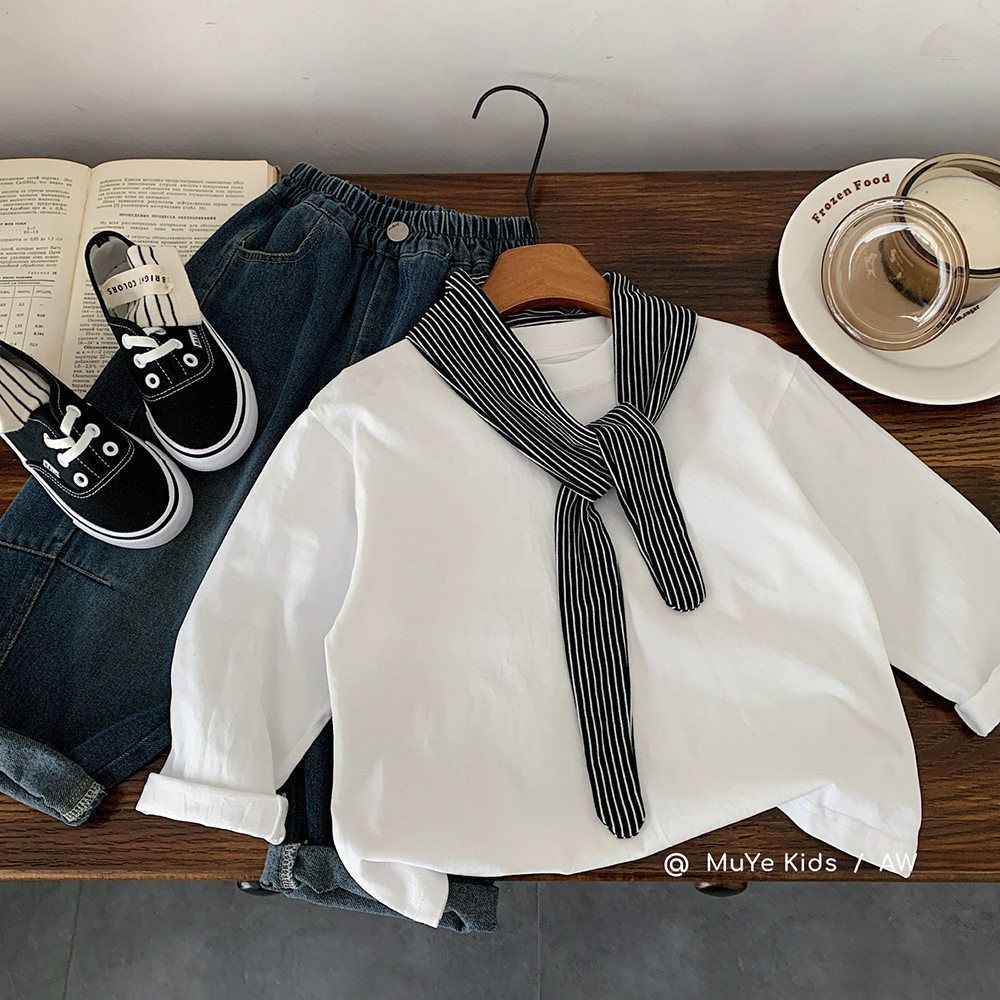 儿童白色打底衫男童披巾条纹领带长袖T恤男女童春秋洋气百搭上衣,童装/婴儿装/亲子装,T恤,淘宝优惠券,粉丝福利购,淘宝优惠卷
