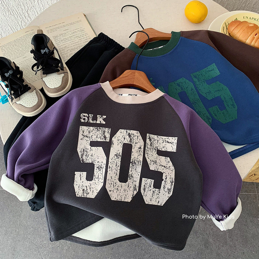 美式运动风撞色插肩袖加绒卫衣男女宽松百搭数字印花打底衫上衣潮