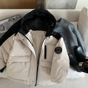 2025冬装新款男童女童防污羽绒服90白鸭绒保暖外套连帽防风米白色