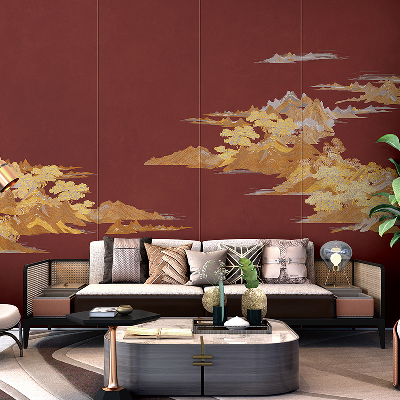 3d现代中式意境山水墙布卧室客厅墙纸壁布复古山脉沙发背景墙壁画