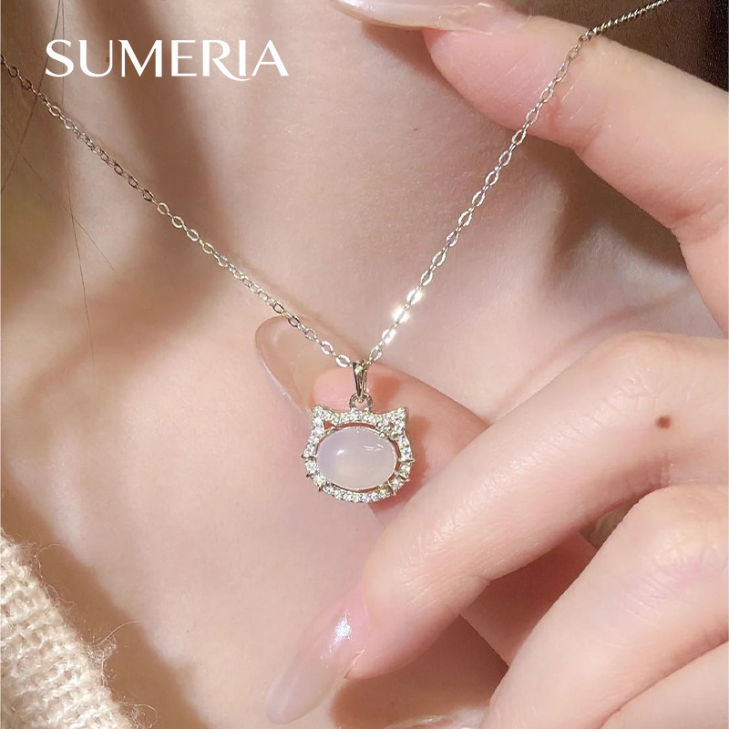 猫咪玉髓S925纯银项链女款吊坠锁骨链可爱甜美闺蜜生日礼物送女友
