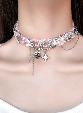 Lash 毛绒金属流苏项链小众设计感吊坠锁骨链