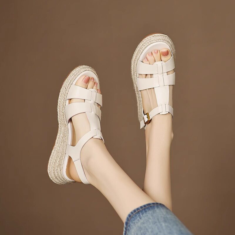 羊皮版~法式草编厚底露趾凉鞋女夏季新款小个子增高坡跟罗马女鞋