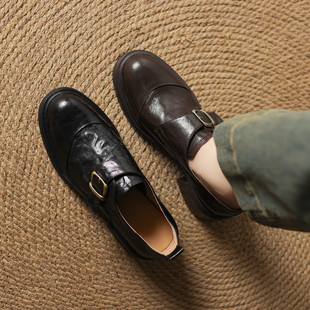 通勤百搭粗跟单鞋 女英伦风皮带扣乐福鞋 女 复古风真皮小皮鞋 羊皮版