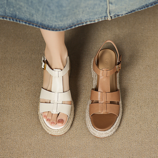 女夏季 草编厚底凉鞋 新款 小个子增高坡跟罗马女鞋 羊皮版 大码 法式