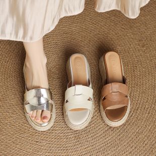 女夏季 鞋 新款 坡跟半拖大码 小个子增高鞋 百丽菲比真皮草编厚底凉鞋