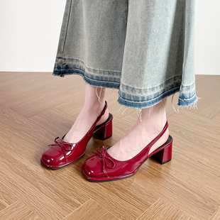 2026年玛丽珍女鞋 新款 粗跟单鞋 后空蝴蝶结凉鞋 真皮版 高跟鞋 女鞋