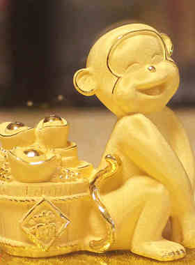 生肖绒沙金猴如意摆件猴年贺岁工艺品聚宝盆家居装饰品办公室摆设