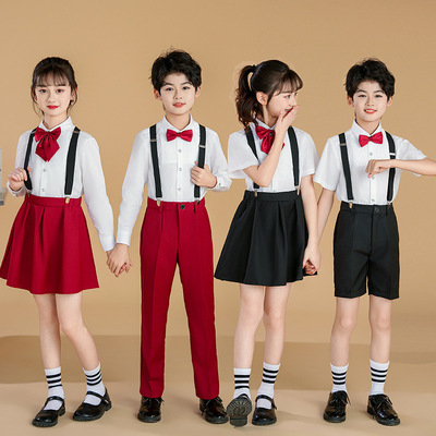 国庆儿童合唱演出服男童背带裤主持人中小学生女童诗朗诵表演服装