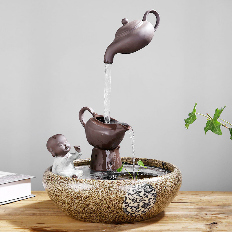 创意中式流水喷泉招财客厅加湿器鱼池缸家居悬空茶壶小沙弥摆件