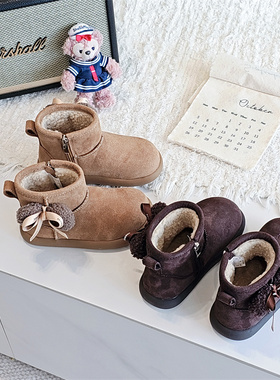 52058童鞋2025冬款韩版真皮女童蝴蝶结保暖大棉靴防滑雪地靴冬靴