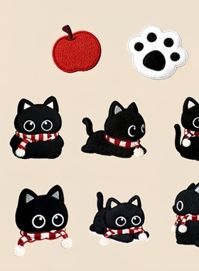 红围巾黑色猫咪刺绣补丁贴百搭时尚装饰手账本ipad手机壳包包布贴