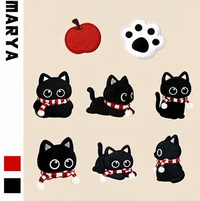 红围巾黑色猫咪刺绣补丁贴百搭时尚装饰手账本ipad手机壳包包布贴