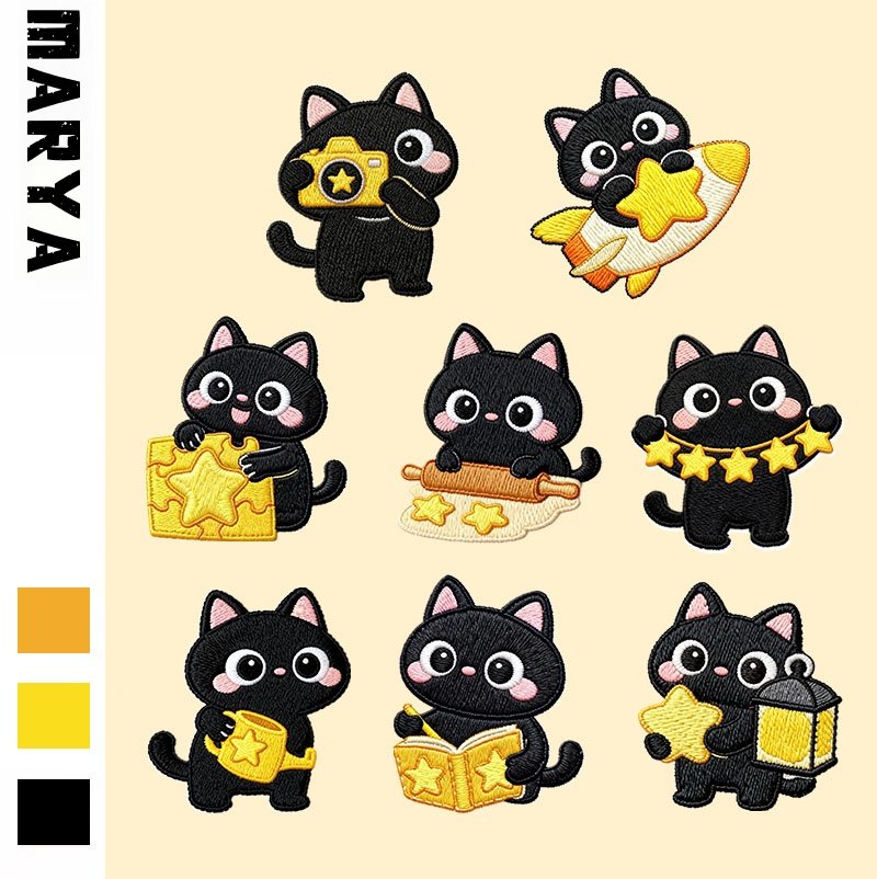 羽绒服补丁贴衣服破洞小号修补新款星光黑猫刺绣贴花黑色无痕修复