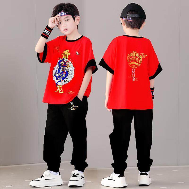 男童夏季T恤长裤短袖搭配儿童衣服红色童装2026春夏新款国风服装