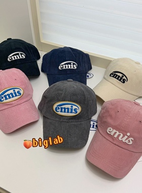 韩国emis灯芯绒帽子男女同款秋冬保暖潮牌软顶弯檐字母大标棒球帽