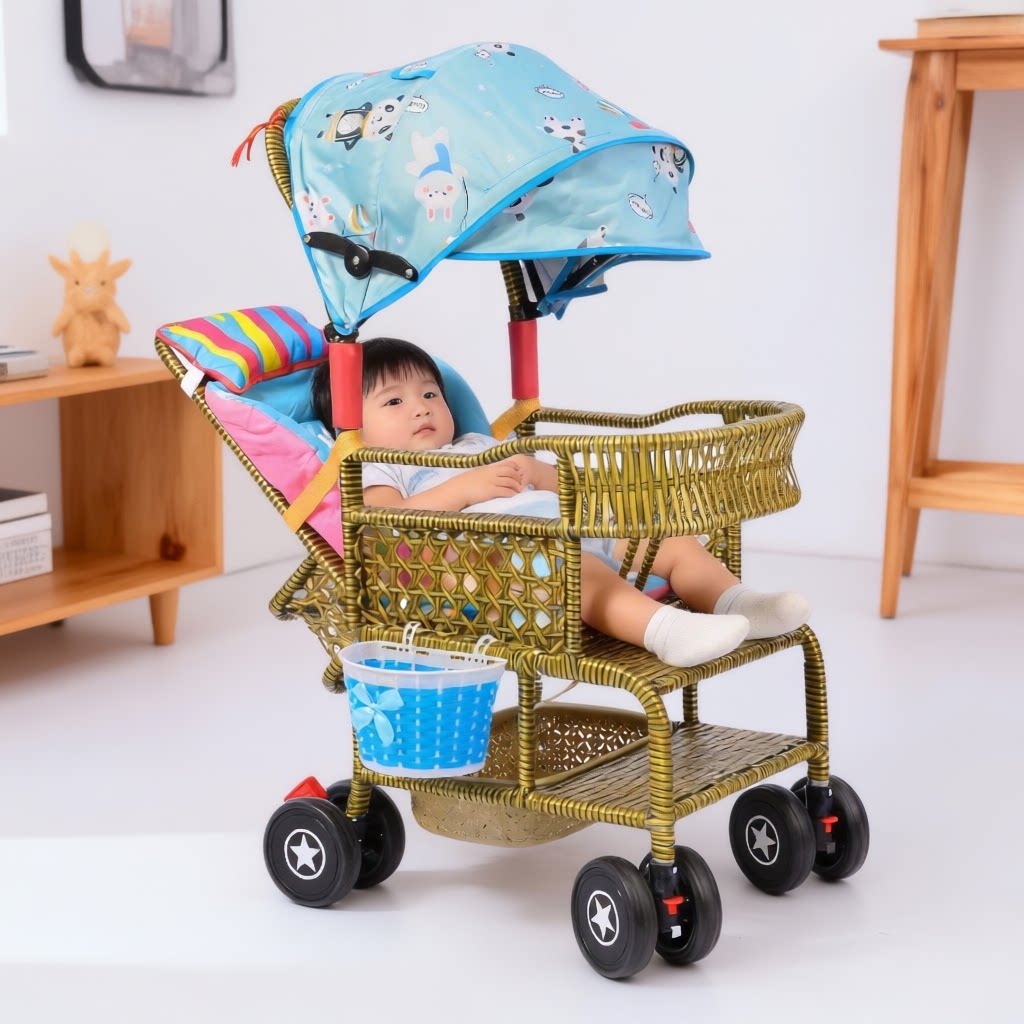 夏季婴儿宝宝竹藤推车轻便餐音两用带腿拖藤编儿童小孩竹子藤编车