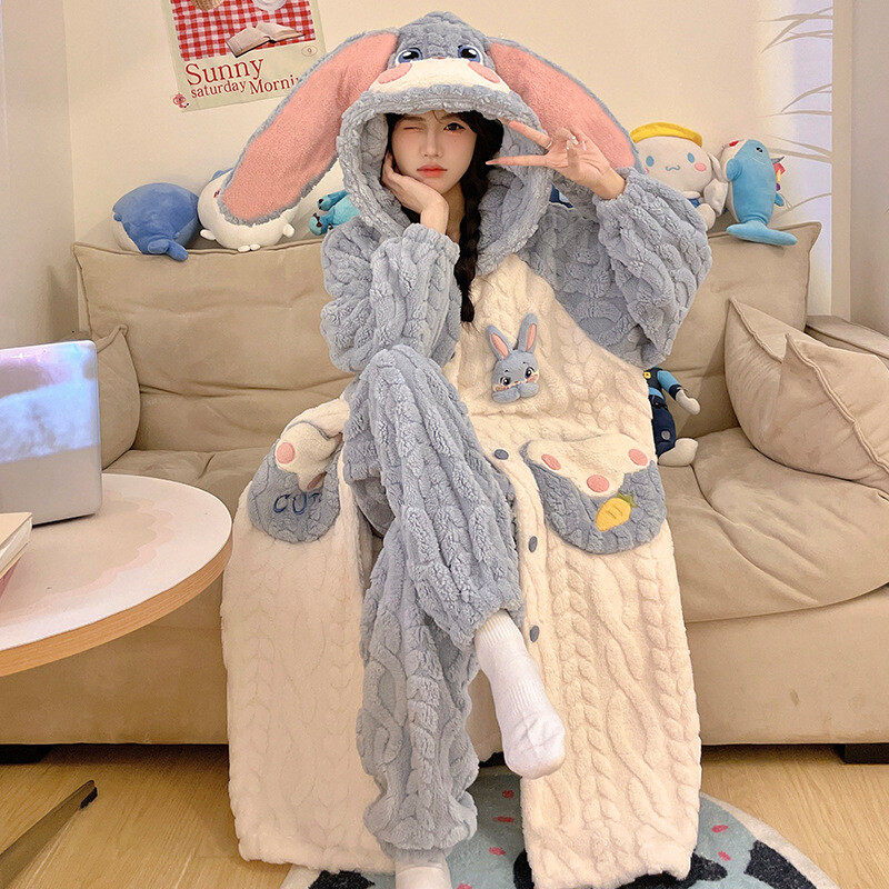 珊瑚绒连帽睡袍女加厚加绒大学生睡衣/家居服套装